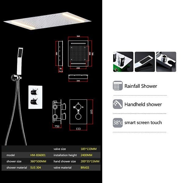 Cascada Showers 14"x20" White LED Shower Set with Dual Thermostatic Valve - Product Image 9
