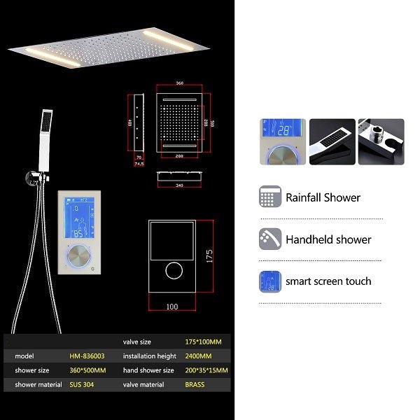 Cascada Showers 14"x20" White LED Shower System with LCD Touch Screen - Detail View 2