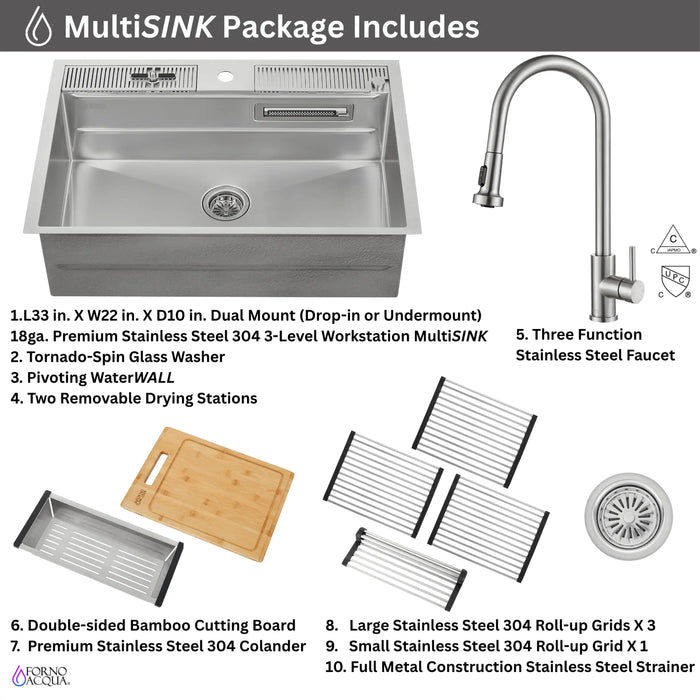 Forno Acqua 33-Inch Drop-In/Undermount 3-Level Workstation Sink with Faucet, Waterfall & Glass Rinser (D-WP30)