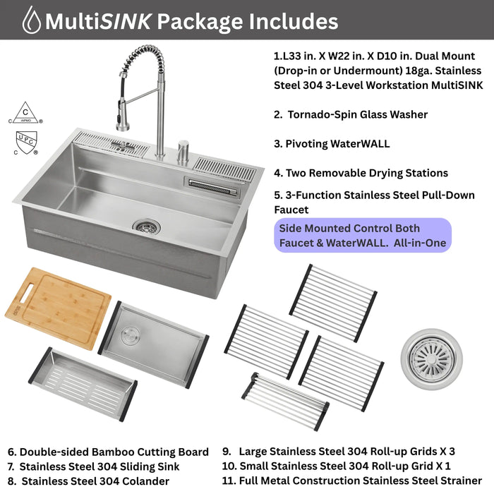Forno Acqua 33-Inch Drop-In/Undermount 3-Level Workstation Sink with Faucet, Waterfall &... Kitchen Appliance - View 15