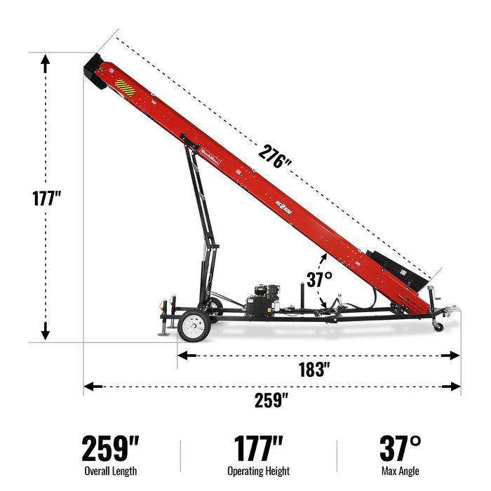 Heavy Duty Conveyor,  9HP 270cc Gasoline Powered Max. 180" Lift Height,  276'' Length,  24" Width,  HC2320