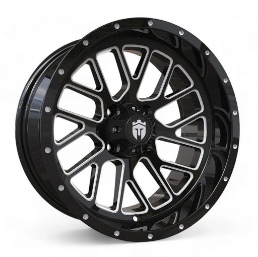 Empire Knight K2 15x7 Gloss Black with Milled Accents Wheel with X Comp Golf A/T Tire golf cart wheel and tire – view 2