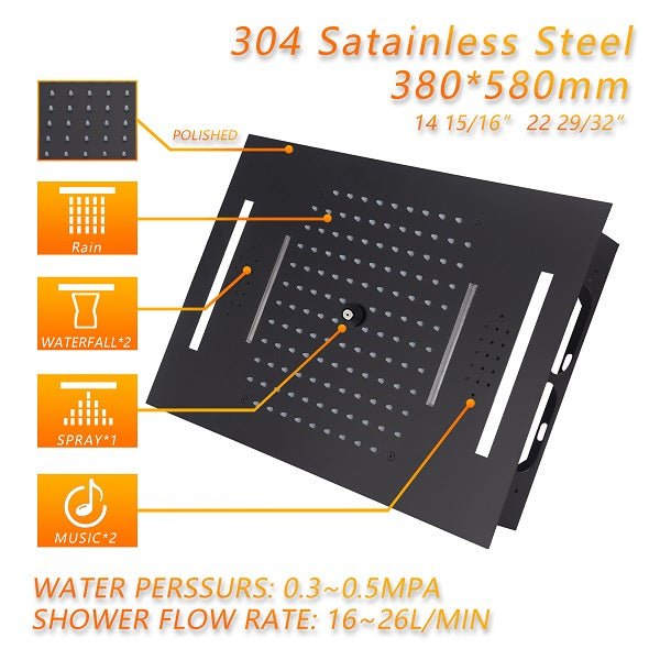 Cascada Showers 15”x23” Music LED shower system with built-in Bluetooth Speaker - Product Image 10