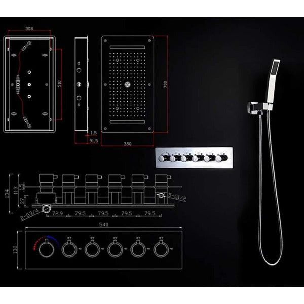 Cascada Showers 15"x28" Cascada Vaticano LED Thermostatic Multi Function Shower System - Product Image 11