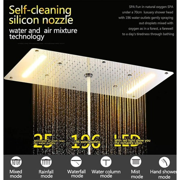 Cascada Showers 15"x28" LED Waterfall Luxurious Recessed 4 Types Rainfall Shower Head - Main Product Image
