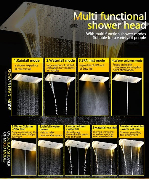 Cascada Showers 15"x28" LED Waterfall Luxurious Recessed 4 Types Rainfall Shower Head - Product Image 12