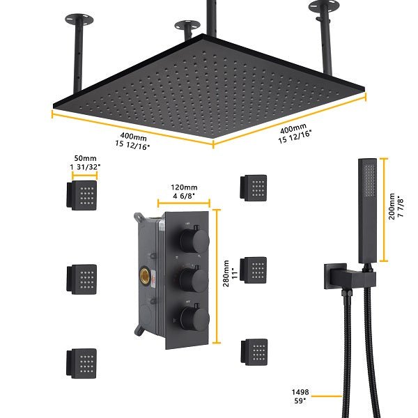 Cascada Showers 16” Square LED shower system with 3 knob thermostatic Valve - Product Image 7