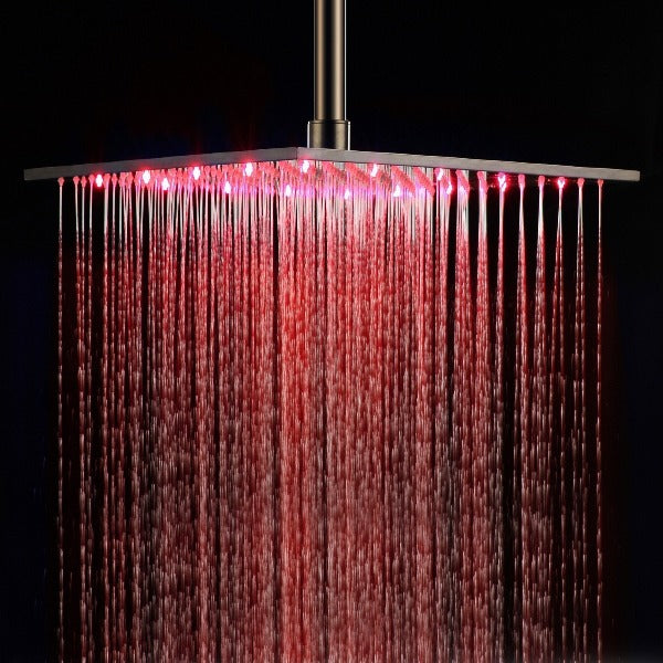 Cascada Showers 16" Stainless Steel Ceiling Mount Square Rainfall LED Shower Head - Main Product Image