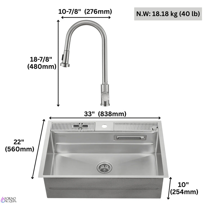 Forno Acqua 33-Inch Drop-In/Undermount 3-Level Workstation Sink with Faucet, Waterfall & Glass Rinser (D-WP30)