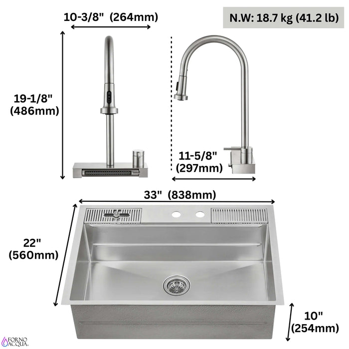 Forno Acqua 33-Inch Drop-In/Undermount MultiSINK Workstation Sink with Waterfall Faucet &... Kitchen Appliance - View 15