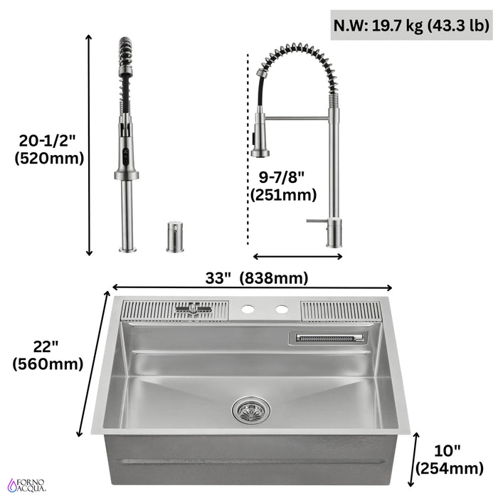 Forno Acqua 33-Inch Drop-In/Undermount 3-Level Workstation Sink with Faucet, Waterfall &... Kitchen Appliance - View 16