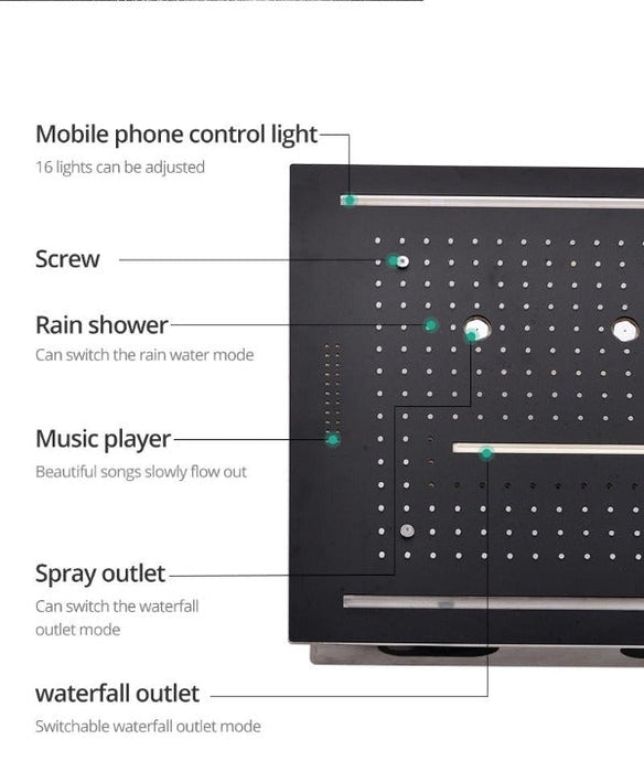 Cascada Showers 16"x16" Luxurious Classic Design recessed LED shower system built in Bluetooth speaker - Product Image 13