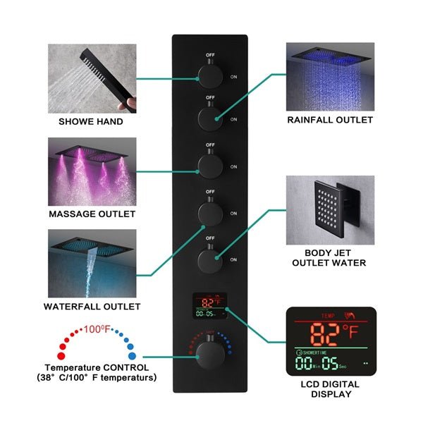 16"x28" Sorrento Digital Rainfall Bluetooth LED Shower System By Cascada Showers - Detail View 2