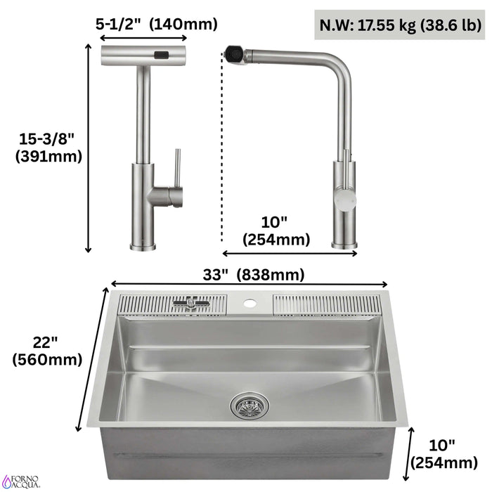 Forno Acqua 33-Inch Drop-In/Undermount 3-Level Workstation Sink with Waterfall Faucet & Glass... Kitchen Appliance - View 12