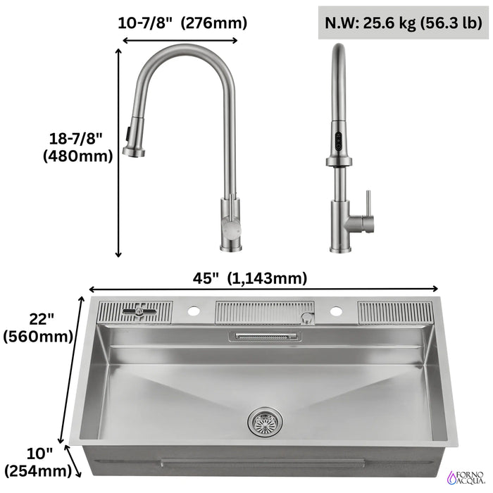 Forno Acqua 45-Inch Drop-In/Undermount 3-Level Workstation Sink with Two Faucets & Glass Rinser (J-WP30)