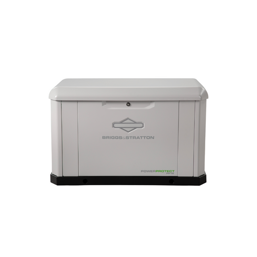 Briggs & Stratton PP18 Standby Generator 18/18kW Bundle + 200 amp Standard SED Transfer Switch + Symphony Choice Power Management - Front view of Briggs & Stratton PowerProtect PP18 standby generator with lid closed, whole home backup power system fo