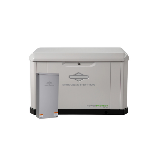 Briggs & Stratton PP18 Standby Generator 18/18kW Bundle + 200 amp Standard SED Transfer Switch + Symphony Choice Power Management - Front view of Briggs & Stratton PowerProtect PP18 standby generator with lid closed, designed for whole home backup po