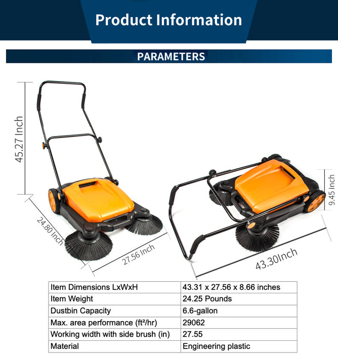 SANITMAX SM650 27.5" Manual Push Powered Floor Sweeper, Triple Brushes, Indoor and Outdoor - Lifestyle View