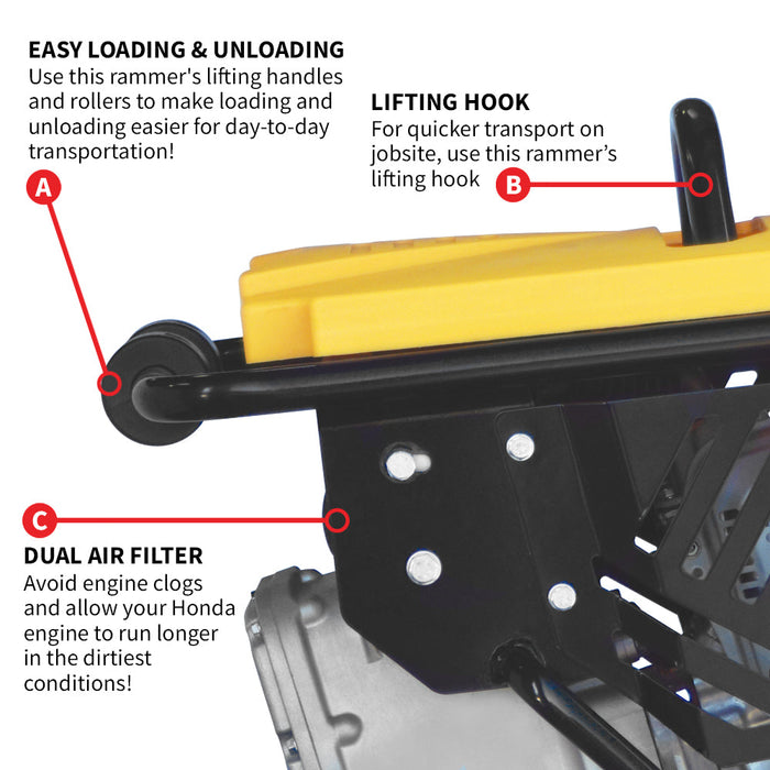 3.6HP Honda Vibratory Rammer Jumping Jack Tamper with Honda GXR120 Engine Impact Force 3,550 lbs/ft - specifications diagram