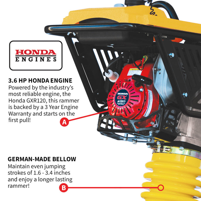 3.6HP Honda Vibratory Rammer Jumping Jack Tamper with Honda GXR120 Engine Impact Force 3,550 lbs/ft - back view