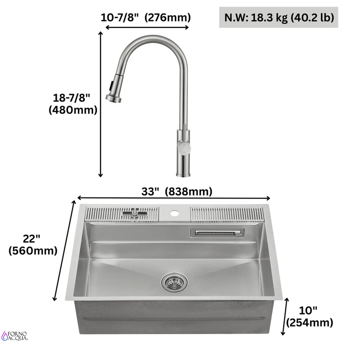 Forno Acqua 33-Inch Drop-In/Undermount 3-Level Workstation with Retractable Faucet & Glass Rinser (D-ZP30)