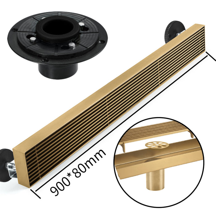 Brushed gold Linear shower drain stainless steel material 35.4 inch with grid cover with hair strainer and adjustment feet - specifications diagram