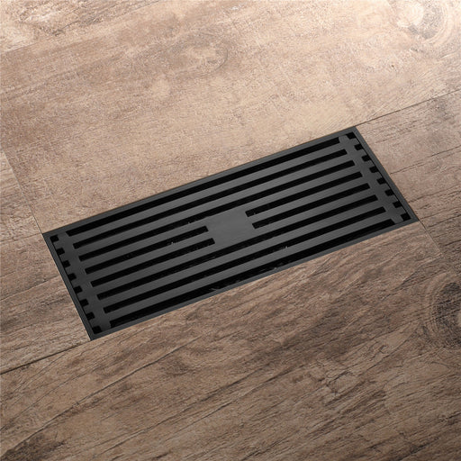 8 Inch Shower Linear Matte black Drain Rectangular Floor Drain with Accessories Square Hole Pattern Cover Grate Removable Matte Black Brass - angle view