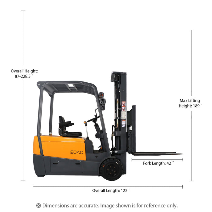 Xilin CPD20SA-20-Li-189 3 wheel electric forklift wheels and chassis detail