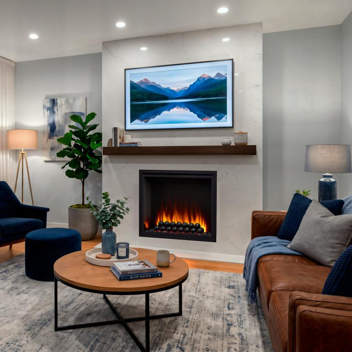 SimpliFire Allusion Heritage with optional decorative spheres and black glass, and gray panels