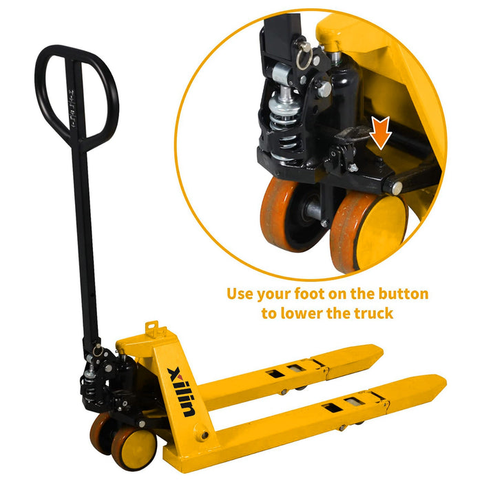 Xilin MF manual pallet jack side angle view