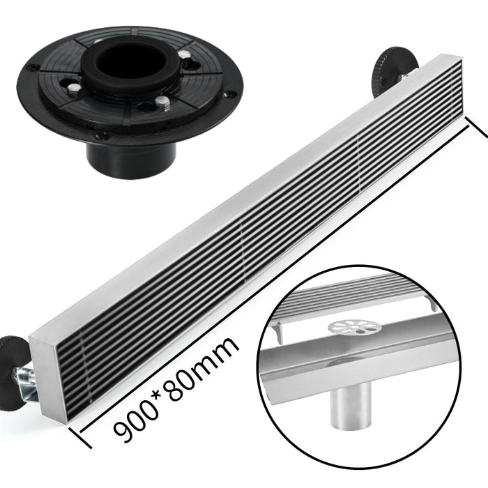 Brushed Nickel Linear shower drain stainless steel material 35.4 inch with grid cover with hair strainer and adjustment feet - side view