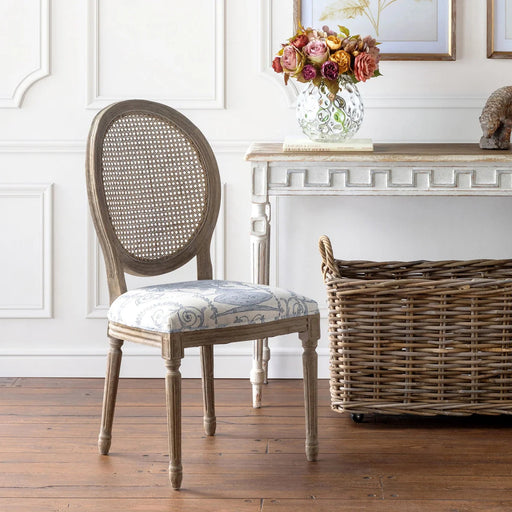French Blue Bouquet Cane Back Dining Chair (EFS90589) - front view