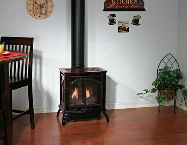 Empire Spirit small cast iron direct vent gas stove, porcelain mahogany
