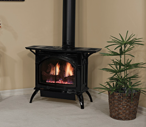Empire Spirit small cast iron direct vent gas stove, porcelain black