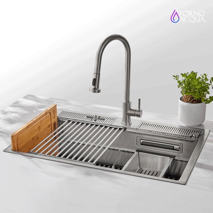 Forno Acqua 33-Inch Drop-In/Undermount 3-Level Workstation Sink with Faucet, Waterfall & Glass Rinser (D-WP30)