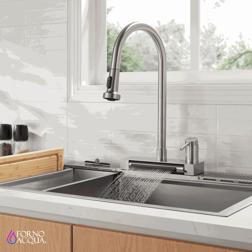 Forno Acqua -inch kitchen faucet in brushed nickel waterfall and stream mode animation