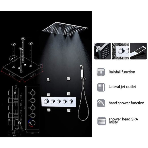 Cascada Showers 20" Square Ceiling Mounted Thermostatic Shower System 4 Rainfall Mode - Detail View 2