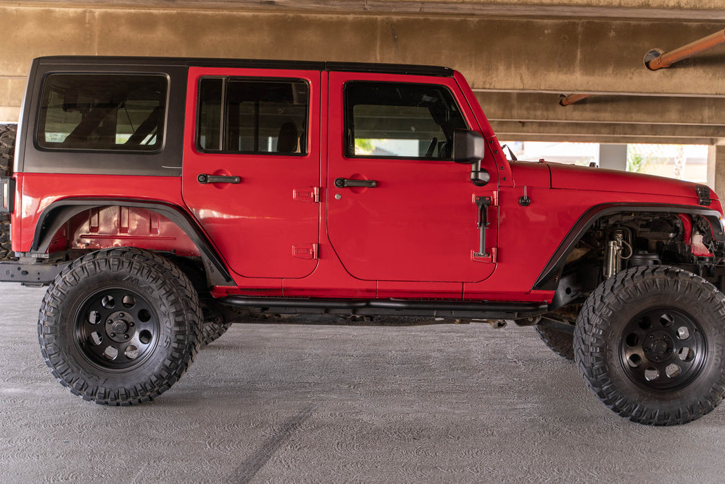 DV8 Offroad 2007-2018 4-Door Jeep Wrangler JK OE Plus Side Steps – installed on vehicle, image 8 of 16