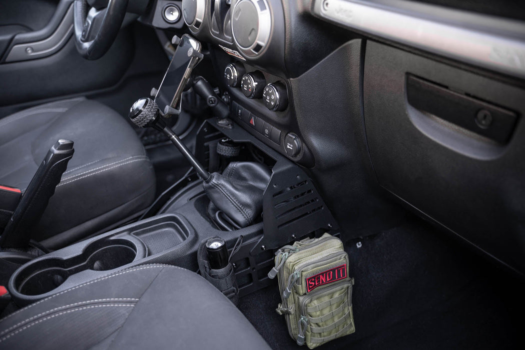 DV8 Offroad 2007-2018 Jeep Wrangler JK Center Console Molle Panels & Device Bridge – installed on vehicle, image 5 of 19