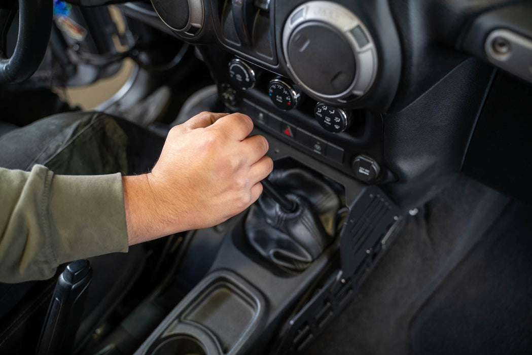 DV8 Offroad 2007-2018 Jeep Wrangler JK Center Console Molle Panels & Device Bridge – installed on vehicle, image 12 of 19