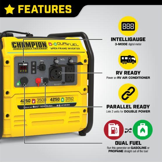 Champion 200977 3500W/4250W Generator Dual Fuel Inverter Open Frame New - Detail View