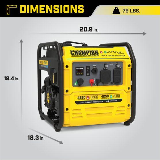 Champion 200977 3500W/4250W Generator Dual Fuel Inverter Open Frame New - Dimensions