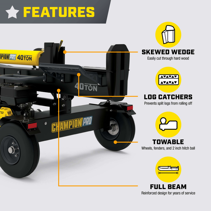 Champion 201091 Pro 40-Ton Log Splitter Horizontal/Vertical Full Beam Gas With Auto Return New - Features