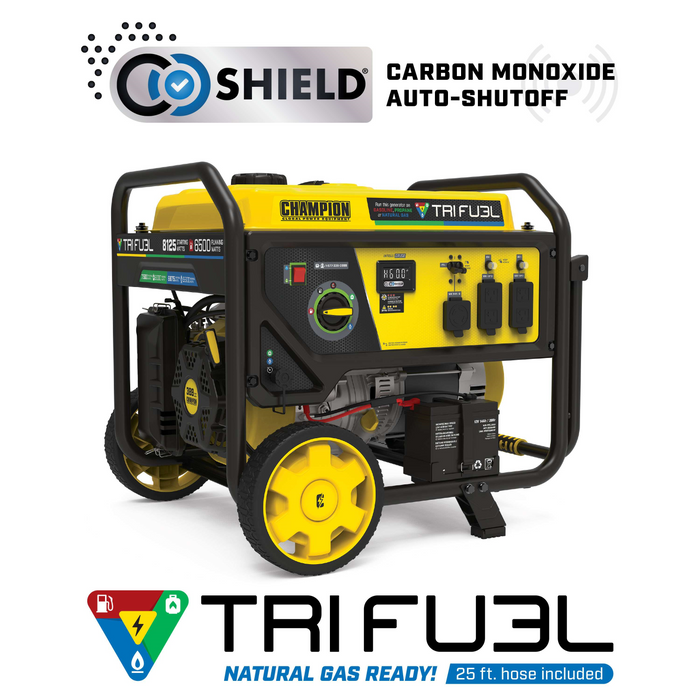 Champion 201169 6500W/8125W Generator Tri-Fuel Gas Propane Natural Gas CO Shield Electric Start New - Side View