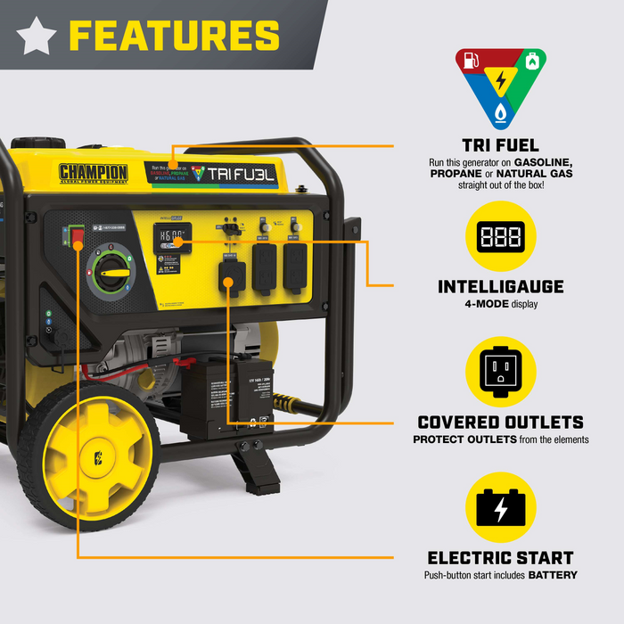 Champion 201169 6500W/8125W Generator Tri-Fuel Gas Propane Natural Gas CO Shield Electric Start New - Detail View