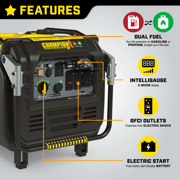 Champion 201175 7000W/8500W Generator Dual Fuel Gas Propane Inverter Low THD CO Shield Electric Start New - Detail View