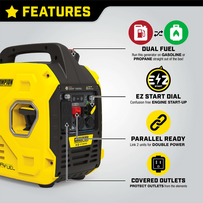 Champion 201183 1850W/2500W Generator Dual Fuel Gas Propane Inverter Low THD CO Shield New - Close-Up