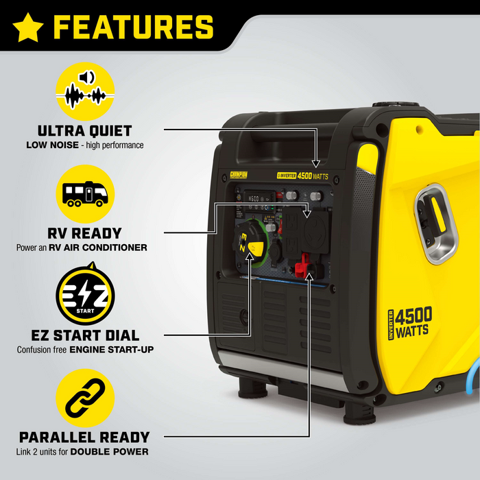 Champion 201184 3500W/4500W Inverter Generator Gas RV and Parallel Ready CO Shield Remote Start New - Detail View