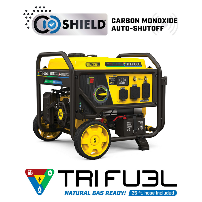 Champion 201223 4000W/5000W Generator Tri-Fuel Gas Propane Natural Gas CO Shield Electric Start New - Side View