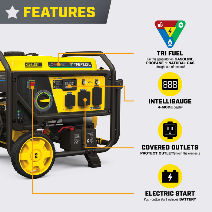 Champion 201223 4000W/5000W Generator Tri-Fuel Gas Propane Natural Gas CO Shield Electric Start New - Detail View